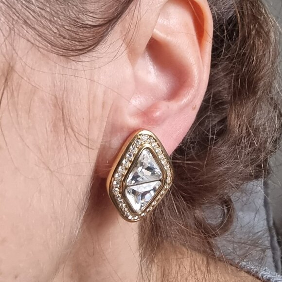 Swarovski Jewelry - Vintage Swarovski 1980s - 1990s Clip-On Earrings With Clear Crystals & Gold-Tone